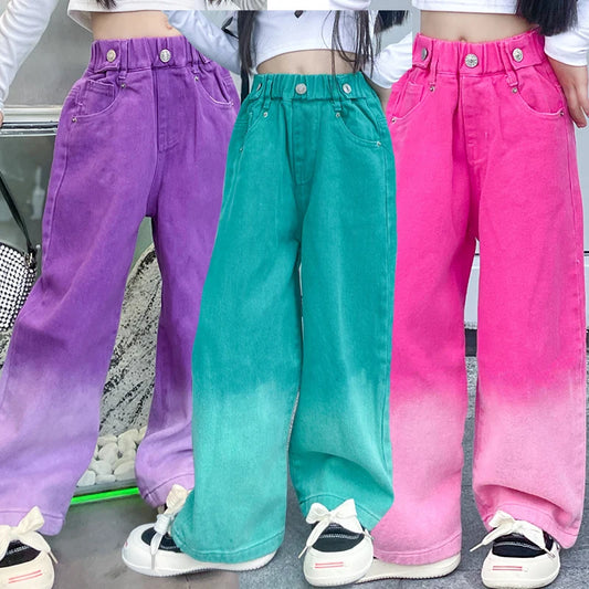 3-14Y Spring Autumn Girls Jeans Teen-agers Fashion Gradient Color Long Style Trousers For Kids Denim Wide Leg Pants